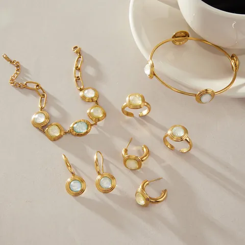 Joyas de Acero Inoxidable Oro Bordes Acanalados Resina Pendientes Geométricos Anillos Pulseras Accesorios Moda Mujer