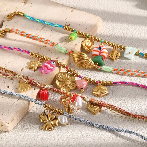 18K Gold Plated Stainless Steel Woven Rope Bracelet Colorful Bohemian Jewelry For Women Artificial Pearl Heart Bow Pendant Bracelet