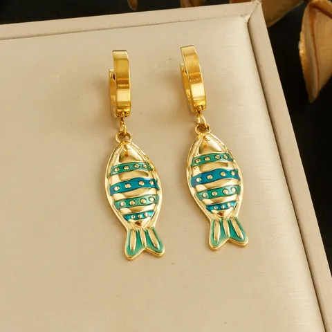 Pendientes de Gota de Pez de Acero Inoxidable Chapados en Oro Con Rayas de Esmalte de Colores Joyería Personalizada de Estilo Oceánico Hawaiano para Mujer