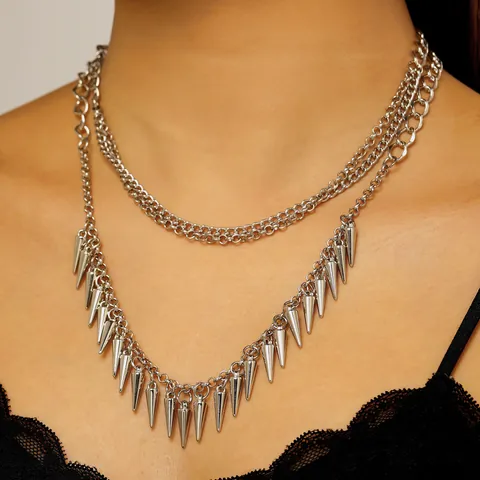 Punk Double Layer Spike Rivet Necklace Heavy Iron Chain Tassel Cone Pendant Clavicle Necklace For Women Men Jewelry