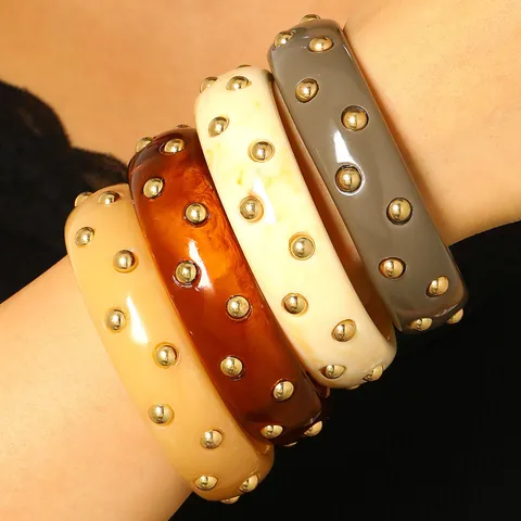 Vintage Schildpatt Harz Nieten Armreif Damen Französischer Schick Goldperle Breites Armband Retro Minimalistisches Geometrisches Harz Inlaid Schmuck Zubehör