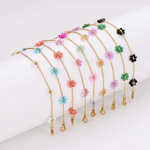 Ensemble Collier Bracelet Bohème Fleurs en Perles de Verre Multicolores Fait Main Acier Inoxydable Chaîne Forçat Bijoux Floraux pour Femme Cadeau Vacances