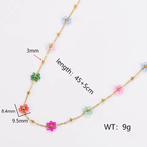 Ensemble Collier Bracelet Bohème Fleurs en Perles de Verre Multicolores Fait Main Acier Inoxydable Chaîne Forçat Bijoux Floraux pour Femme Cadeau Vacances