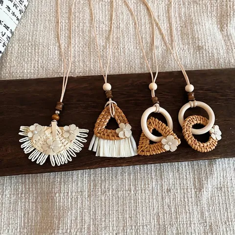 Neo-Chinese Handmade Rattan Woven Skirt Pendant Necklace For Women Alloy Geometric Bohemian Style Wax Cord Long Sweater Chain Jewelry