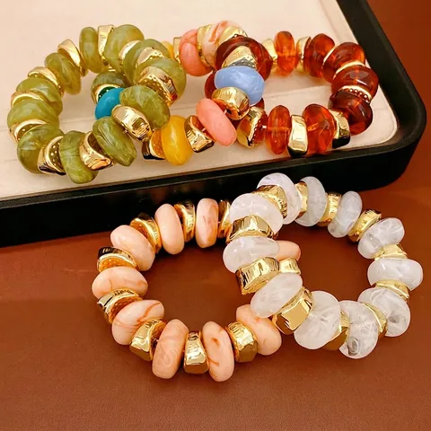 Acryl Onregelmatige Geometrische Ronde Kralen Elastische Armband Europees Amerikaanse Stijl Niche Mode Marmeren Patroon Armband Vrouwen