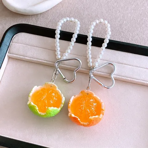 Handmade Artificial Pearl Beaded Orange Pendant Phone Chain Resin Fruit Heart Clasp Bag Hanging Charm For Women Fashion Jewelry