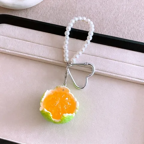 Handmade Artificial Pearl Beaded Orange Pendant Phone Chain Resin Fruit Heart Clasp Bag Hanging Charm For Women Fashion Jewelry