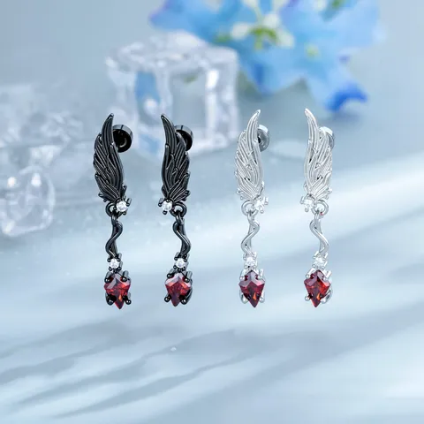 Angel Wing Ear Bone Stud Titanium Alloy Post Red Rhinestone Dark Gothic Piercing Earring For Unisex Cool Jewelry
