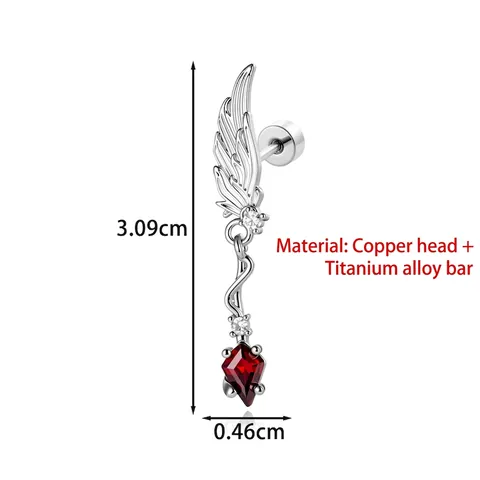 Angel Wing Ear Bone Stud Titanium Alloy Post Red Rhinestone Dark Gothic Piercing Earring For Unisex Cool Jewelry