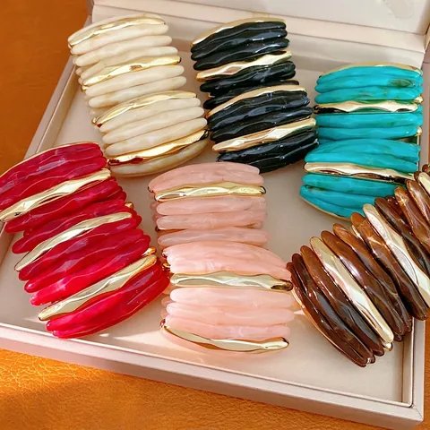 Minimalist Acrylic Smudge Spliced Elastic Bracelet For Women European American Style Wide Marbling Alloy Hand Chain Jewelry