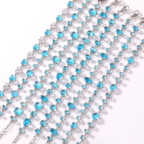 Stainless Steel Aquamarine Zirconia Bracelet For Women Waterproof Light Luxury Faceted Geometric Stone Adjustable Hand Chain Jewelry Gift