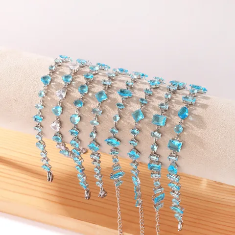 Stainless Steel Aquamarine Zirconia Bracelet For Women Waterproof Light Luxury Faceted Geometric Stone Adjustable Hand Chain Jewelry Gift