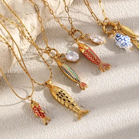 Stainless Steel 18K Gold Plated Ocean Style Fish Pendant Necklace For Women Enamel Rhinestone Animal Charm Jewelry