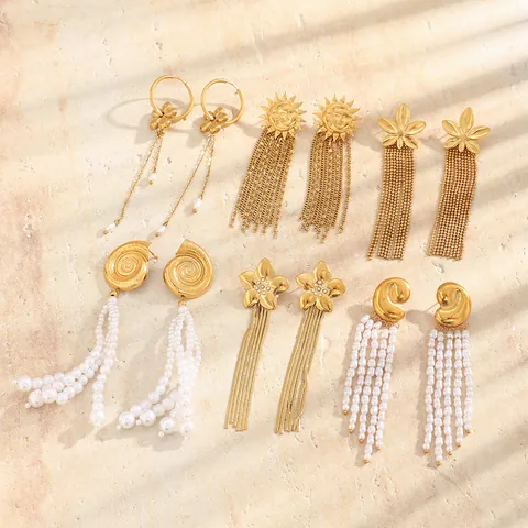 Bohemian Stainless Steel Tassel Drop Earrings For Women Vintage Gold Plated Artificial Pearl Flower Shell Dangle Earrings Jewelry
