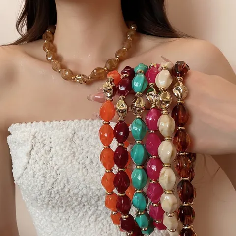 Chunky Twisted Oval Acrylic Bead Necklace For Women Geometric Alloy Beads Adjustable Clavicle Chain Fashion Jewelry