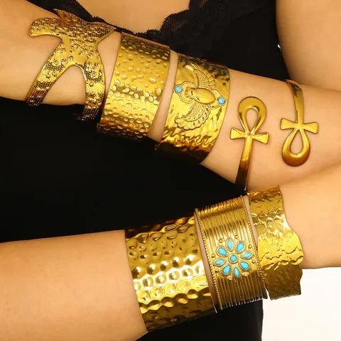 Statement Stainless Steel Gold Plated Wide Cuff Bangle Egyptian Scarab Ankh Symbol Hammered Wave Turquoise Bangle Bracelet For Women