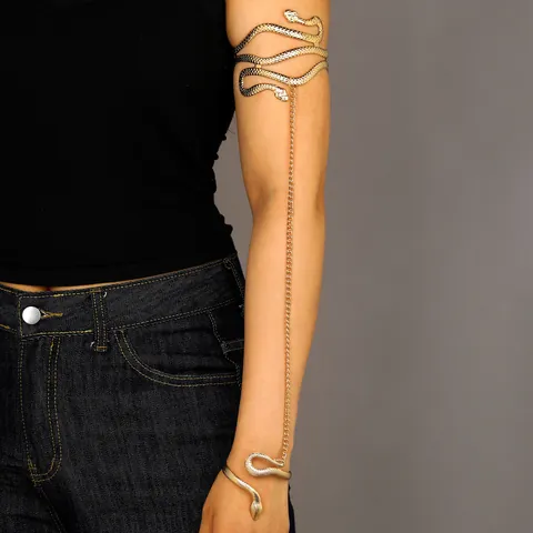 Vintage Metalen Slang Bovenarmband Met Ring Schakelketting Voor Vrouwen Gotische Punk Tweekoppige Slang Armband Sieraden Goud Zilver