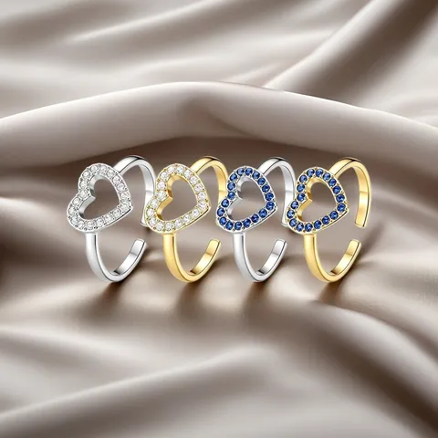 Luxe Titaniumstaal Hartvormig Opengewerkt Verstelbare Open Ring Voor Vrouwen Goud Zilver Verguld Strass Kristal Hartring Sieraden