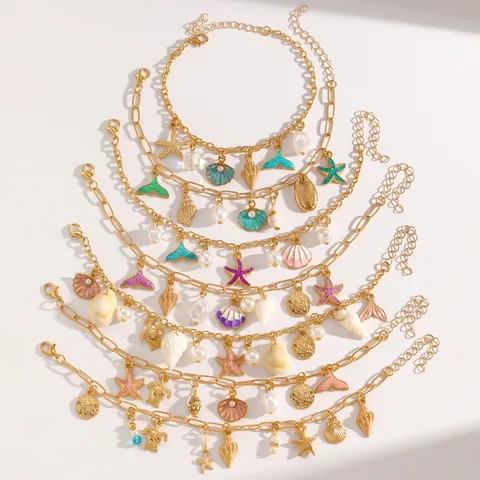 Summer Beach Vacation Ocean Style Starfish Fish Tail Shell Artificial Pearl Pendant Alloy Chain Bracelet Jewelry For Women