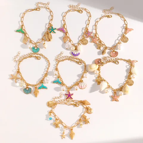Summer Beach Vacation Ocean Style Starfish Fish Tail Shell Artificial Pearl Pendant Alloy Chain Bracelet Jewelry For Women