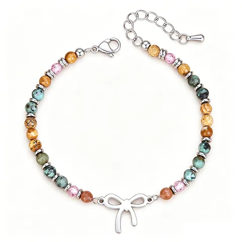 Handmade 4mm African Pine Stone Beaded Bracelet With 316L Stainless Steel Bow Pendant Natural Gemstone Jewelry For Girls Birthday Gift