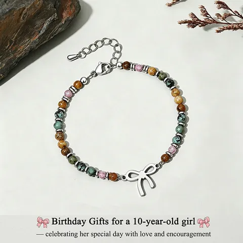 Handmade 4mm African Pine Stone Beaded Bracelet With 316L Stainless Steel Bow Pendant Natural Gemstone Jewelry For Girls Birthday Gift