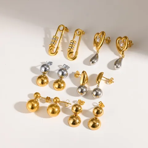 304 Stainless Steel Two Tone Ball Drop Earrings For Women Minimalist 18K Gold Plated Safety Pin Heart Artificial Pearl Earrings Jewelry