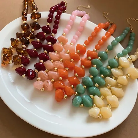 Acrylic Beaded Necklace For Women Irregular Geometric Round Beads Gold Spacer Choker Bohemian Fashion Jewelry Neckwear