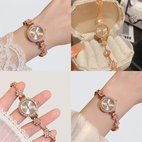 Women Elegant Rose Gold Alloy Rhinestone Flower Bracelet Watch Luxury Inlaid Crystal Quartz Wristwatch Fashion Jewelry Accessory