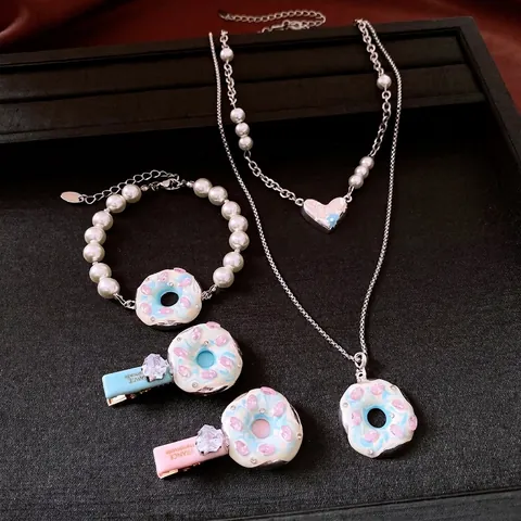 Leichter Luxus Donut Herz Anhänger Schmuckset Für Damen Künstliche Perle Perlenbesetzt Strass Halskette Armband Haarspange