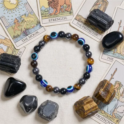 Triple Protection Bracelet Natural Tiger Eye Stone Black Obsidian Magnetite Beaded Bracelet Evil Eye Healing Jewelry Unisex