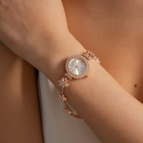 Vintage Luxury Rose Gold Flower Bracelet Watch For Women Rhinestone Inlaid Elegant Quartz Analog Wristwatch Jewelry Gift For Party