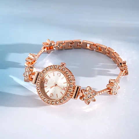 Vintage Luxury Rose Gold Flower Bracelet Watch For Women Rhinestone Inlaid Elegant Quartz Analog Wristwatch Jewelry Gift For Party