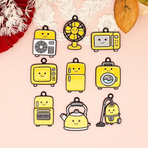 Retro DIY Alloy Enamel Cartoon Household Appliances Charms Yellow Smile Face Fan TV Washing Machine Fridge Pendants Jewelry Making Materials