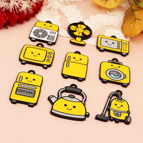 Retro DIY Alloy Enamel Cartoon Household Appliances Charms Yellow Smile Face Fan TV Washing Machine Fridge Pendants Jewelry Making Materials