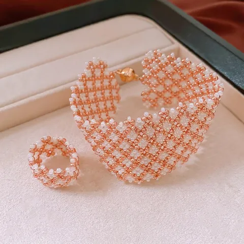 Handmade Glass Bead Bracelet And Ring Set Magnetic Clasp Woven Mesh Bangle Retro Light Luxury Women Jewelry Gift