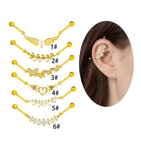Stainless Steel Copper Zirconia Industrial Barbell Cartilage Stud Earring Angel Wing Butterfly Heart Leaf Piercing Jewelry