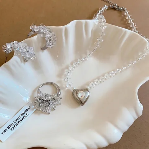 Koreanischer Stil Transparent Perlenkette Silber Herz Anhänger C-Form Ohrstecker Cluster Ring Kupfer Schmuck Für Damen Accessoire