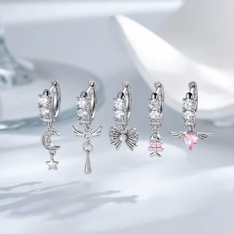 Boucles d'Oreilles Anneaux Y2K Spice Girl en Cuivre Zirconia Pendentifs Étoile Lune Nœud Arête de Poisson Ailes de Coeur Bijoux de Piercing Style Millénaire