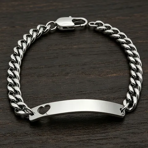 Titanium Steel Cuban Link Bracelet Heart Hollow Curved Plate Engravable ID Bracelet For Couples Unisex Minimalist Jewelry