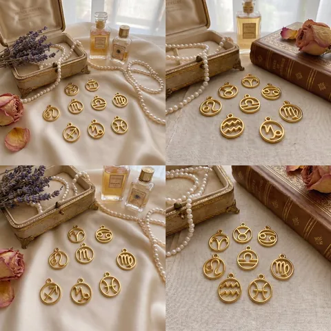 Stainless Steel Zodiac Sign Hollow Round Pendants Gold Silver Plated Constellation DIY Jewelry Making Accessories For Necklaces