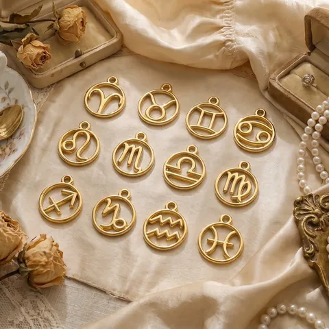 Stainless Steel Zodiac Sign Hollow Round Pendants Gold Silver Plated Constellation DIY Jewelry Making Accessories For Necklaces