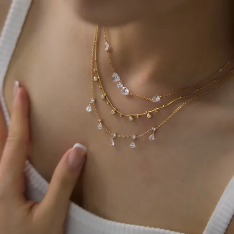 18K Vergoldete Edelstahl Gradient Zirkonia Halskette Für Damen Designer Verstellbare Slider Tränen Anhänger Schmuck