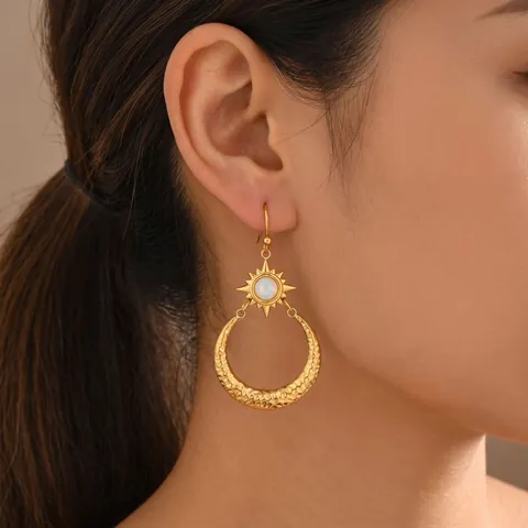 Vintage Edelstahl Sonne Mond Ohrhänger Für Damen Vergoldet Opalith Gehämmerte Creolen Boho Schmuck Geschenk