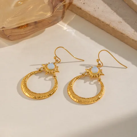 Vintage Edelstahl Sonne Mond Ohrhänger Für Damen Vergoldet Opalith Gehämmerte Creolen Boho Schmuck Geschenk