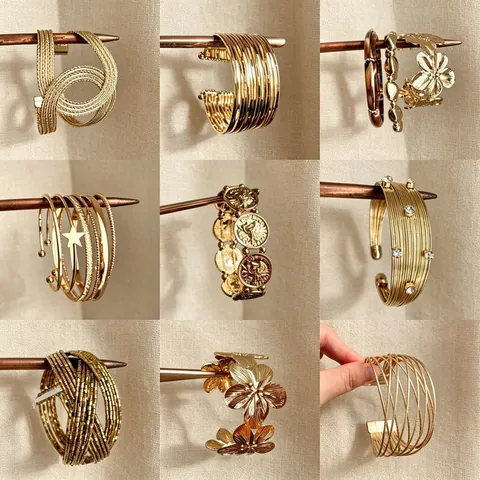 Bracciali Rigidi in Metallo Pesante Esagerati in Stile Europeo per Donna Orecchini Vintage Oro Argento Strass Bracciali a Fiore Gioielli