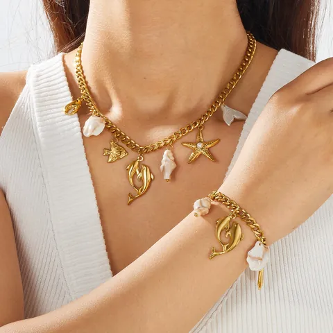 Vergoldeter Edelstahl Seestern Delfin Anhänger Halskette Armband Set Urlaub Strand Schmuck Für Damen