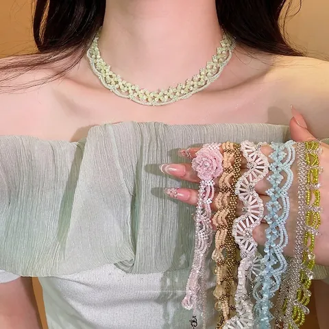 Dopamine Kralen Sieradenset Voor Vrouwen Handgemaakte Glazen Kralen Kunstparel Bloem Hanger Ketting Armband Oorknopjes Zoete Accessoires