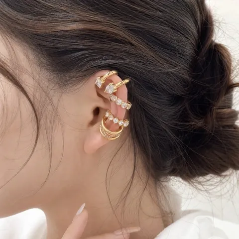 Luxury Stainless Steel Gold Rhinestone Ear Cuffs For Women No Piercing C-Shaped Ear Bone Clips Fashion Jewelry Gift