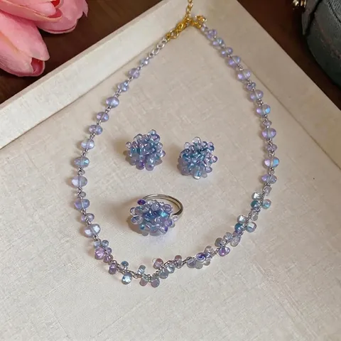 Sweet Fresh Glass Beaded Floral Jewelry Set With 925 Sterling Silver Earring Post For Women Necklace Stud Earrings Ring